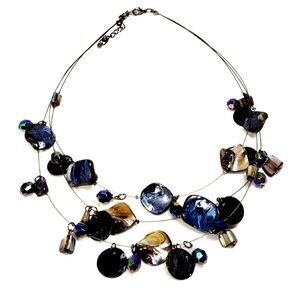 Multicolor Seashell Beads & Discs Necklace – Gunmetal Wire Layered Illusion